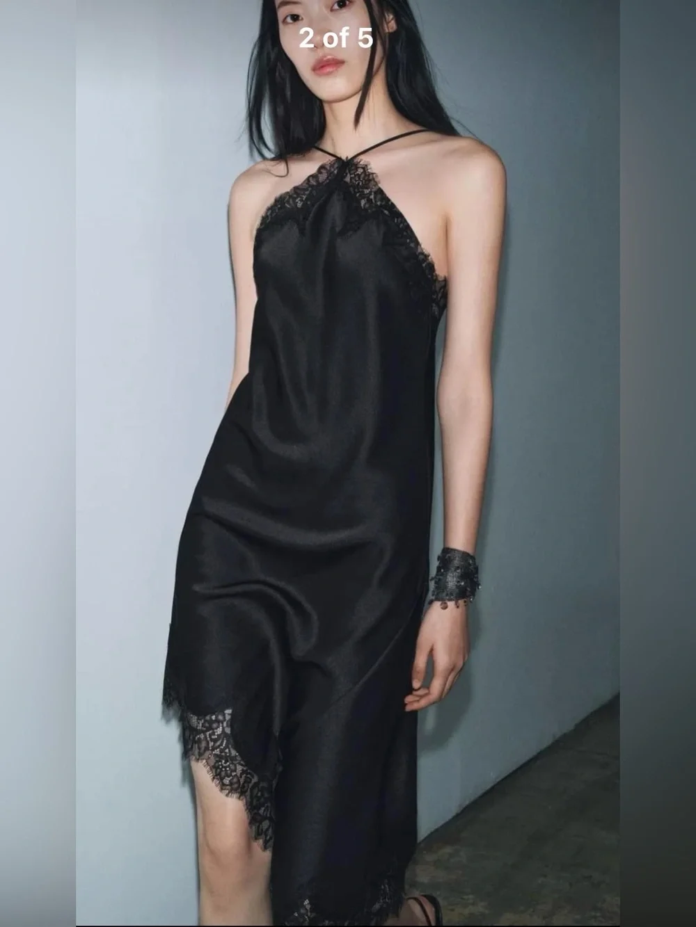 ZARA NEW WOMAN HALTER ASYMMETRIC ZW COLL. SATIN LACE DRESS BLACK 5919/201/800 - Picture 2 of 16